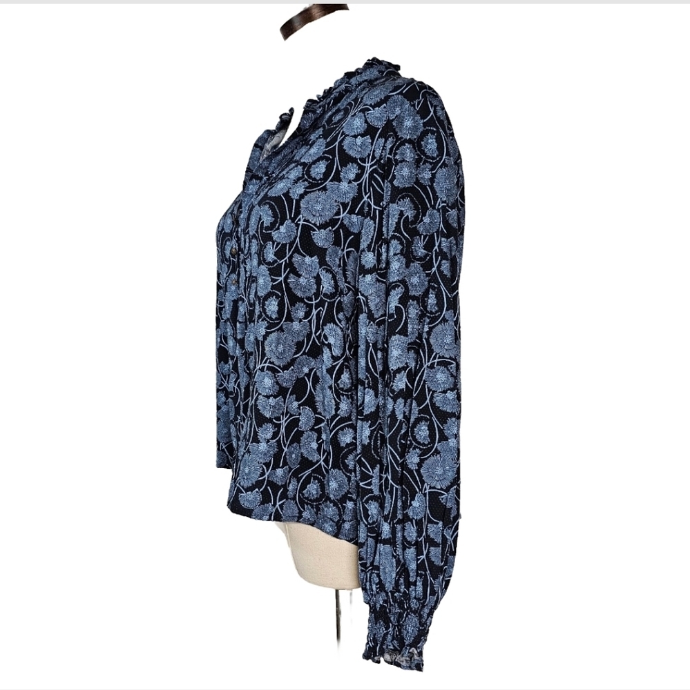 Maeve Navy Floral Ruffle-Neck Button Blouse - Picture 4 of 16